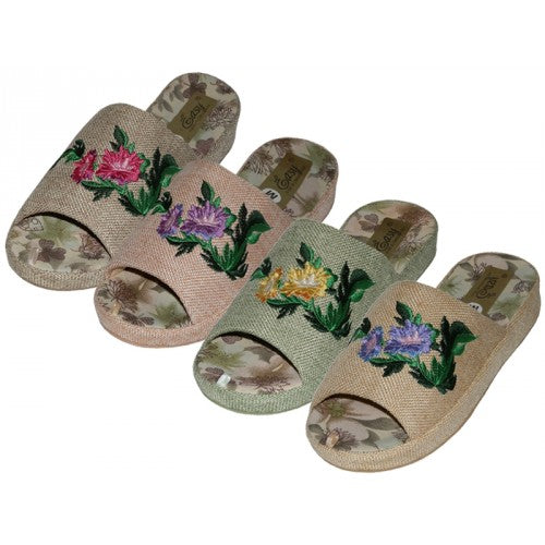 Wholesale Women's Cloth Open Toes Flower Embroidery Upper House Slippers (*Asst. Green, Dk. Beige, Pink & Lt. Blue)