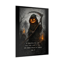 Load image into Gallery viewer, Grinning Reaper Poster — "In Darkness You Can Still Find Light" Halloween Wall Art
