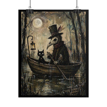 Load image into Gallery viewer, Plague Doctor &amp; Black Cat Art Poster — Gothic Halloween Rolled Print
