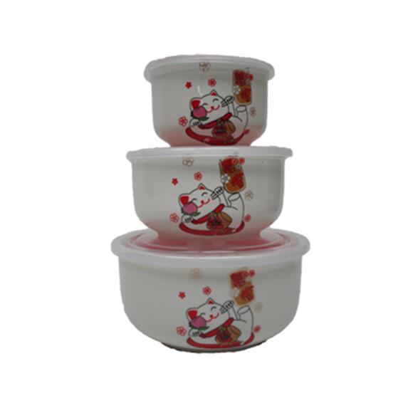 3 PC WHITE CERAMIC BOWL SET LUCKY CAT DESIGN