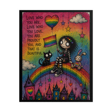Load image into Gallery viewer, "Love Who You Love" Pride Art | Whimsical Character Rainbow Flag Poster
