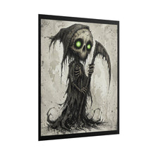 Load image into Gallery viewer, Grim Reaper Art Poster — Cute Dark Skeleton with Glowing Green Eyes (Rolled Poster)
