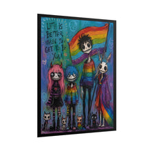 Load image into Gallery viewer, Blue Background Four Friends Waving Pride Flag Poster
