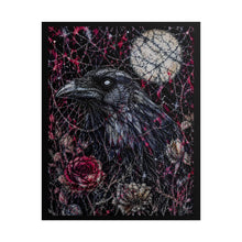 Load image into Gallery viewer, Gothic Moonlit Raven Art Print – Dark Whimsy Crow with Red Roses &amp; Stitched Cobwebs Wall Decor
