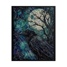 Load image into Gallery viewer, Mystical Gothic Raven &amp; Moon Art Print – Stitched Intricate Night Crow Wall Decor
