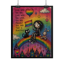 Load image into Gallery viewer, "Love Who You Love" Pride Art | Whimsical Character Rainbow Flag Poster
