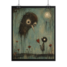 Load image into Gallery viewer, Rolled Poster — Whimsical Night Bird &amp; Heart Artwork Print
