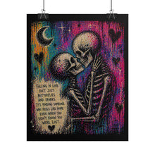Load image into Gallery viewer, Rolled Poster — Rainbow Skull Couple with 'Falling in Love' Quote
