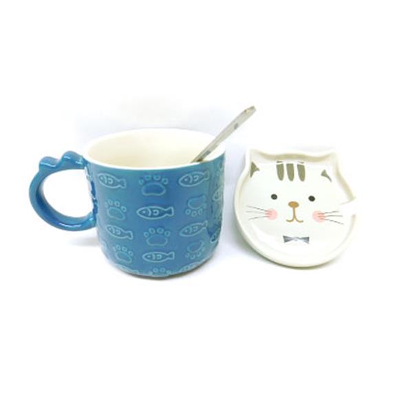 CERAMIC CAT CUP W/LID BLUE CUP/WHITE LID