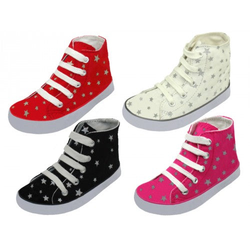 Wholesale Toddler's Lace Up Hightop Star Printed Canvas Shoes (*Asst. Black, White, Red And Pink)