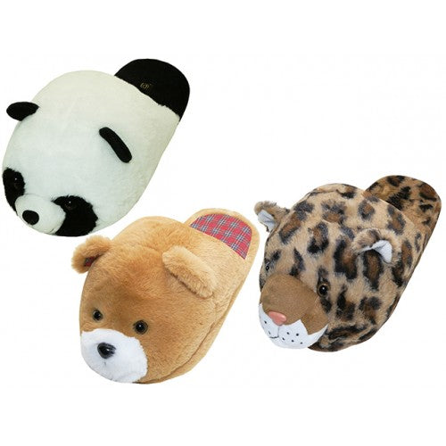 Wholesale Women's Plush Novelties Animals Head Warm House Slippers (*Asst. Panda, Bear & Leopard)