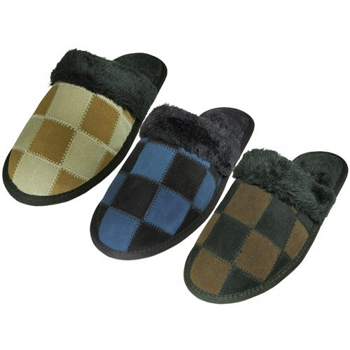 Wholesale Men's Leather Suede Square Patch with Faux fur Cuff House Slippers (*Asst. Gray, Beige & Lt. Brown)