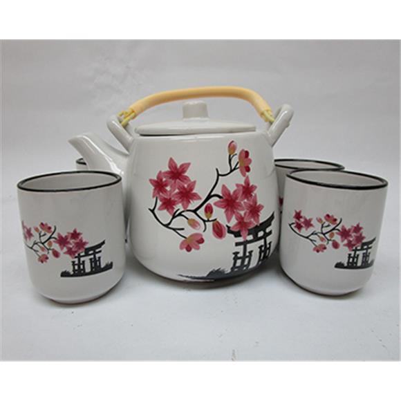 WHITE CERAMIC TEASET W/PINK FLOWERS & PAGODA