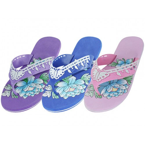 Wholesale Women's Floral Print Flip Flops (*Asst. Blue, Pink And Purple)