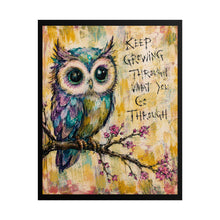 Load image into Gallery viewer, Impressionist Rainbow Owl Art Print – "Keep Growing Through What You Go Through" Cherry Blossom Wall Decor
