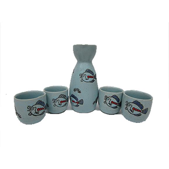 5 PC BLUE SAKE SET W/FISH DESIGN
