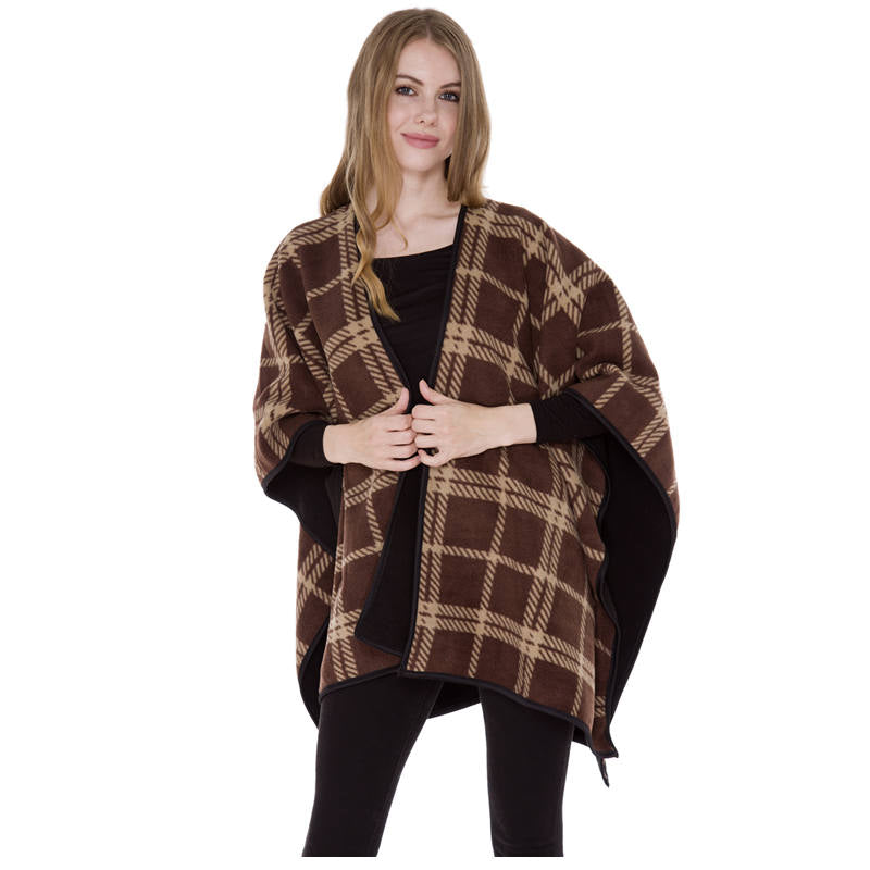 Fleece Poncho Wrap Ruana - Brown