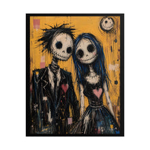 Load image into Gallery viewer, Gothic Skeleton Couple Art Poster – Spooky Cute Yellow Wall Art with Blue Hair
