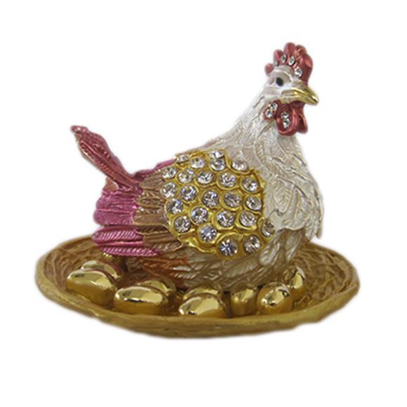COLORFUL PEWTER HEN JEWELRY BOX