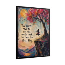 Load image into Gallery viewer, "Take the First Step" Tree Swing Motivational Poster – Mountain Landscape Wall Art Print

