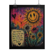 Load image into Gallery viewer, Rolled Poster – 'Stay Positive' Smiley Sun Floral Motivational Wall Art
