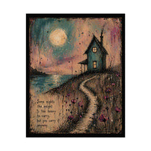 Load image into Gallery viewer, Rolled Poster — Moonlit Cottage Art Print with Inspiring Quote
