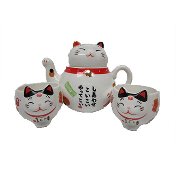 CERAMIC LUCKY CAT TEA SET FOR TWO