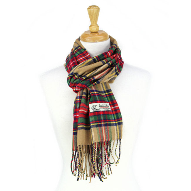 Plaid Cashmere Feel Scarf 12-pack Camel