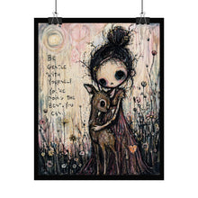 Load image into Gallery viewer, Rolled Poster – 'Be Gentle With Yourself' Whimsical Girl &amp; Deer Art Print
