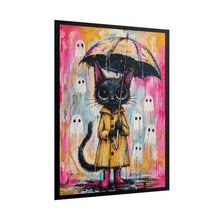 Load image into Gallery viewer, Cat in Raincoat Poster – Cute Whimsical Black Cat with Umbrella &amp; Ghosts Rolled Art Print
