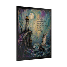 Load image into Gallery viewer, Lighthouse Sailing Art Poster — "The hardest storms don’t last forever, but they do teach you how to keep sailing"
