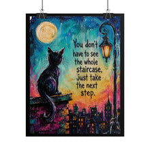 Load image into Gallery viewer, "Take the Next Step" Black Cat Motivational Poster – City Skyline Wall Art Print
