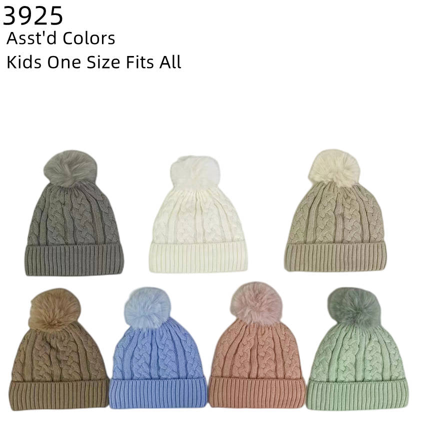 12-pack Wholesale Kid's Hat Pompom Winter Cable Knit Hat #3925