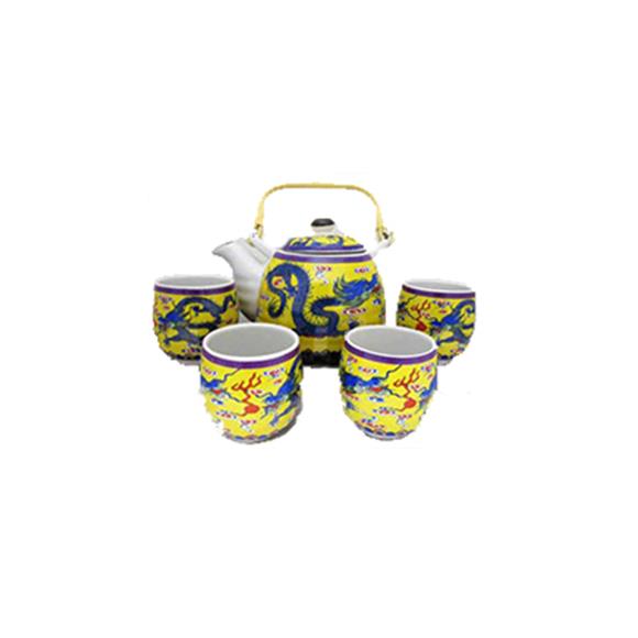 CERAMIC TEASET,YELLOW W/BLUE DRAGON