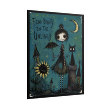 Load image into Gallery viewer, Find Beauty in the Unlikely Poster — Whimsical Gothic Girl &amp; Cat Art Print

