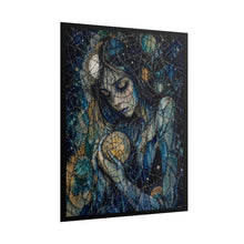 Load image into Gallery viewer, Cosmic Gothic Goddess Art Print – Dark Whimsy Stitched Girl Holding Glowing Moon Orb Wall Decor
