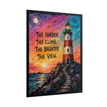 Load image into Gallery viewer, "The Harder the Climb" Lighthouse Art Print - Inspirational Coastal Landscape Wall Decor
