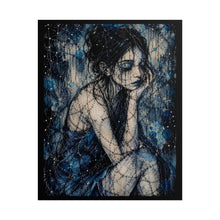 Load image into Gallery viewer, Dark Blue Gothic Girl Art Print – Pensive Stitched Melancholy Woman Wall Decor
