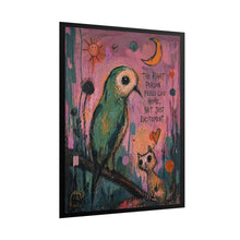 Load image into Gallery viewer, Rolled Poster — Whimsical Bird &amp; Cat Art Print with Quote: "The Right Person Feels Like Home, Not Just Excitement"
