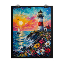 Load image into Gallery viewer, Vibrant Ocean Lighthouse Sunset Poster - Colorful Coastal Wall Decor
