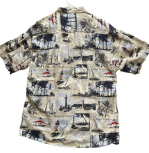 Load image into Gallery viewer, Keeler Bay Shirt Adult Medium AOP Lighthouse Sailing Boat Rayon Hawaiian Mens
