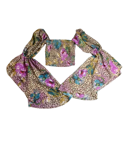 Live 4 Truth Shirt Womens Small Brown Leopard AOP Flower Flare Sleeve Boho Crop