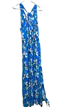 Load image into Gallery viewer, Rainbow Dress Womens Small Blue Aqua Halter AOP Flower Boho Hippie Peasant Maxi
