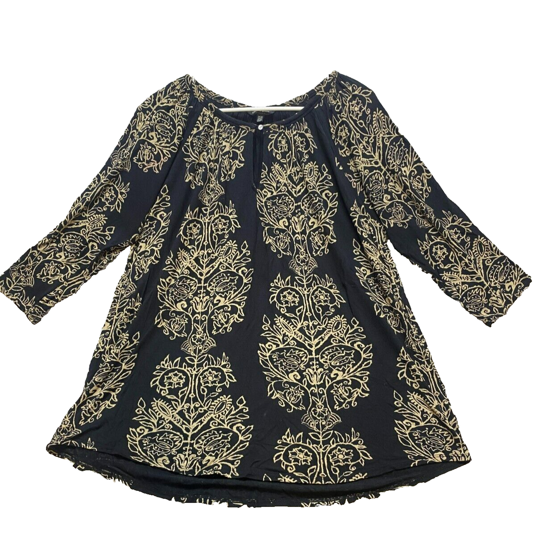 Lucky Brand Shirt Womens 1X Black Boho Floral Hippie Peasant Keyhole Blouse Plus