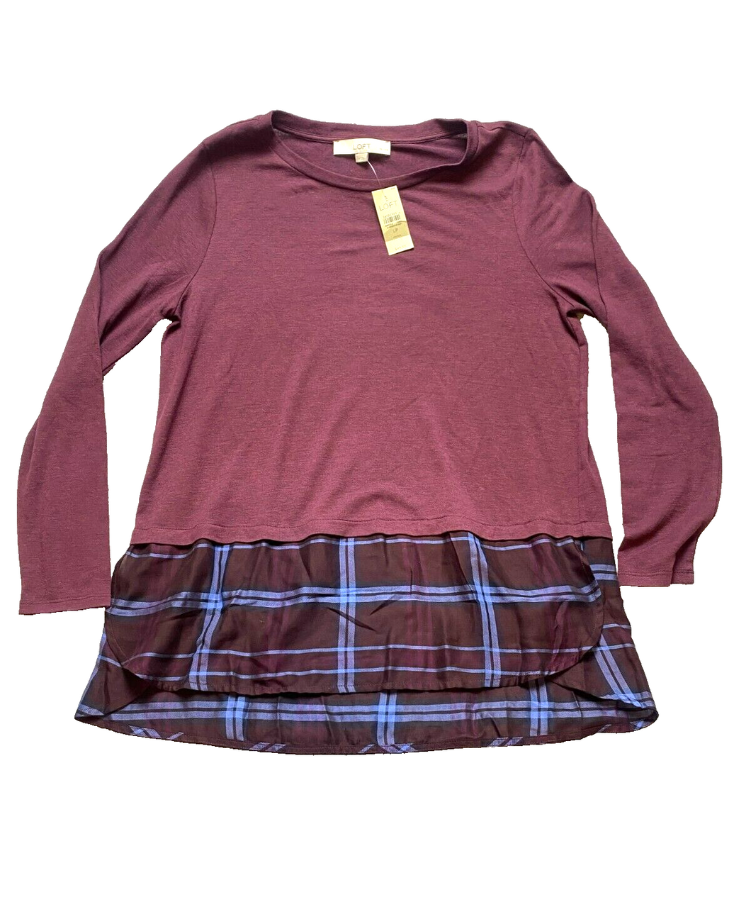 LOFT Sweater Womens Large Petite Burgundy Flounce Plaid Tunic Rayon Nylon NWT