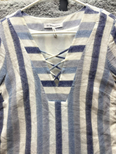 Load image into Gallery viewer, BCBGeneration Dress Womens Medium Ivory Blue Striped Lace Up Peasant Boho Tunic
