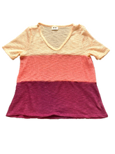 Load image into Gallery viewer, Bibi Sweater Womens Large Peach Wine Colorblock V-neck Open Knit Lightweight USA
