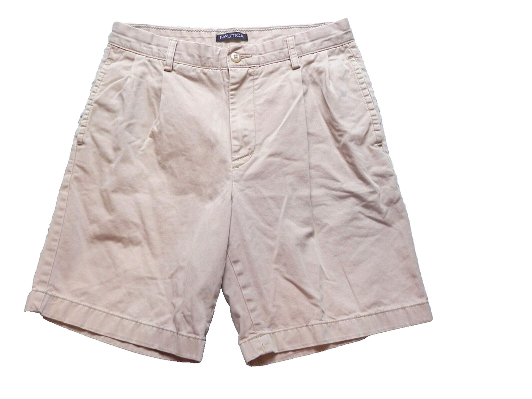 Nautica Shorts Adult 32W Pleated Outdoor Casual Golf Chino 8 Inseam Khaki Mens