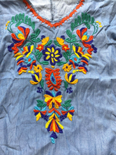 Load image into Gallery viewer, Foxy Women Dress Womens Medium Blue Embroidered Flower Denim Flared Grandmacore
