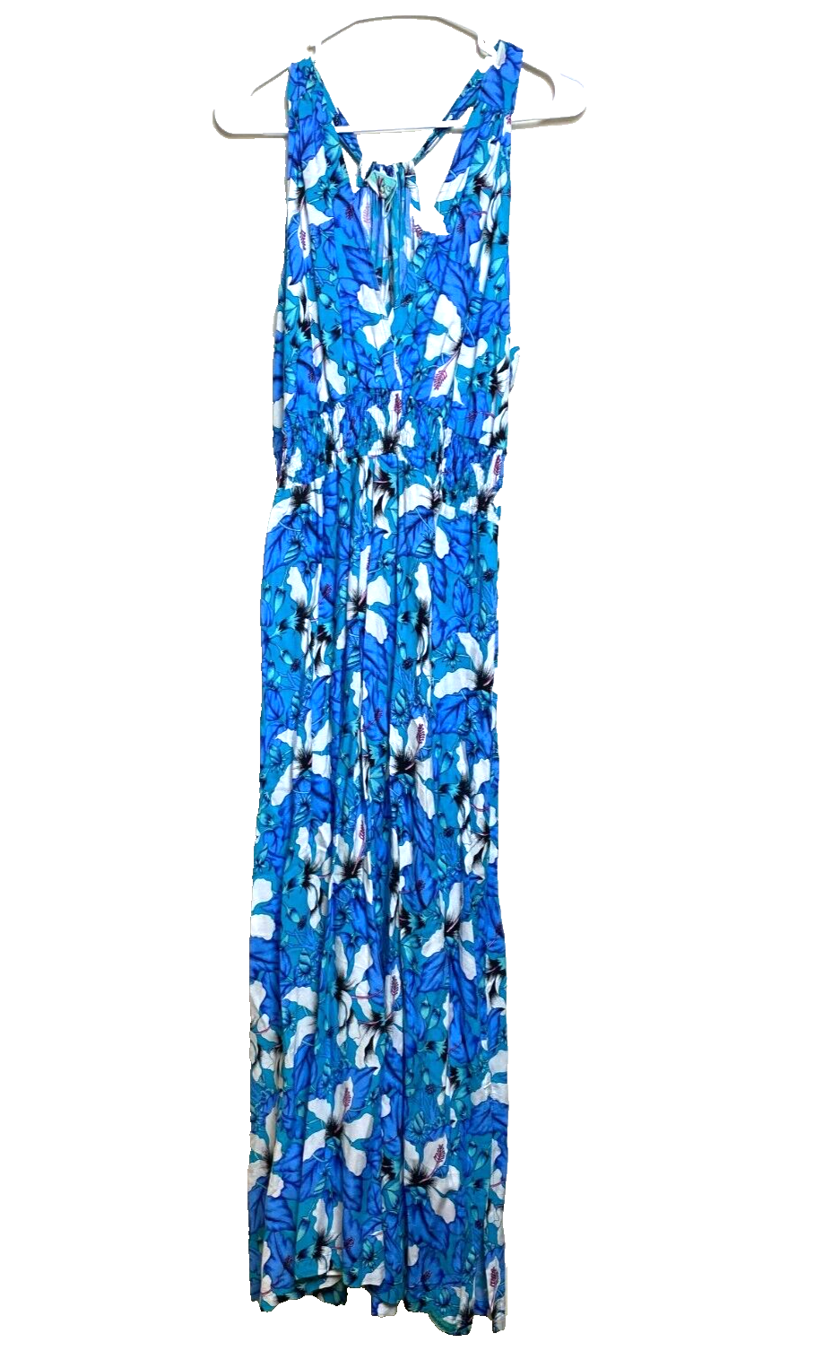 Rainbow Dress Womens Small Blue Aqua Halter AOP Flower Boho Hippie Peasant Maxi